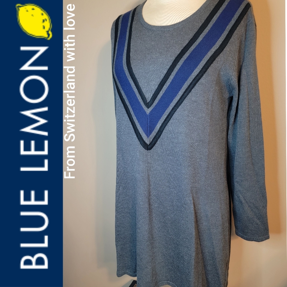 Blue Lemon Switzerland‎ Large V Neck Sweater Dress Long Grey Blue EUC